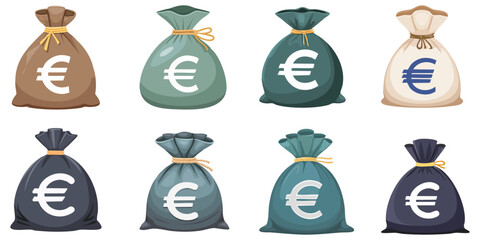 Collection of bags with euro sings, isolated on white background. Vector illustration. 