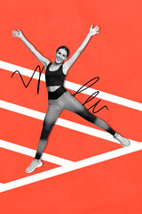 Vertical pop poster banner collage of happy girl jump pilates training coach healthy lifestyle...