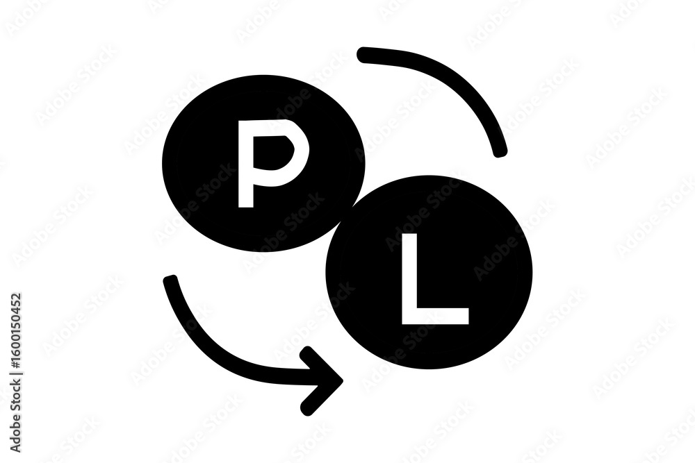 Poster the image is a black solid icon illustrating currency exchange or money conversion. it features two 