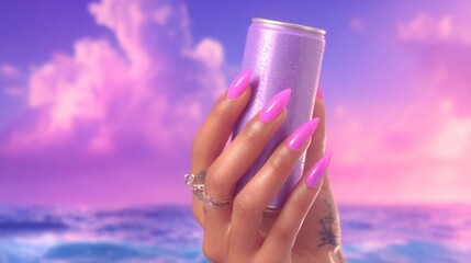 A vibrant cocktail can held by a hand with long pink nails. A surreal and colorful visual perfect for a summer party or festival theme.