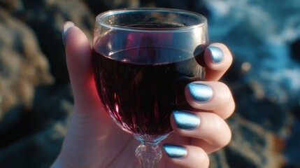 An amber spritz held by a hand with blue-purple cat-eye nails. A chic and modern visual for a high-end bar or beauty blog.