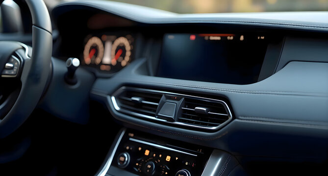 Interior view of a car showing the steering wheel, dashboard, and console features designed with modern technology and functionality