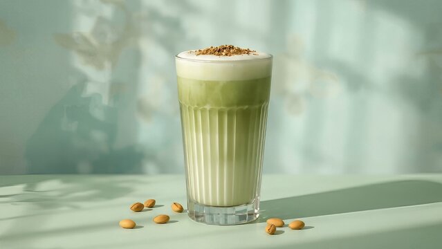 photorealistic image of a Pistachio Matcha Latte served in a tall, elegant glass with subtle vertical ridges. The drink has soft layers of creamy pistachio milk and bright green matcha, gently blended