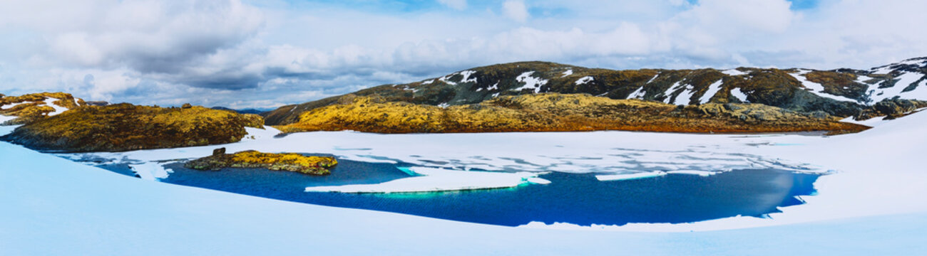 Melting high mountain glacial lake in summer. Bjorgavegen, Aurland, Norway. Horizontal banner
