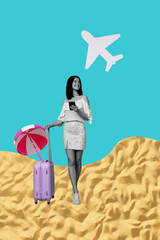 3d trendy image photo collage of happy girl passenger hold suitcase phone walk sand airplane...