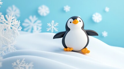 Fototapeta premium A charming cartoon penguin stands on soft snow, surrounded by delicate snowflakes. This delightful scene captures the essence of winter joy and playfulness.