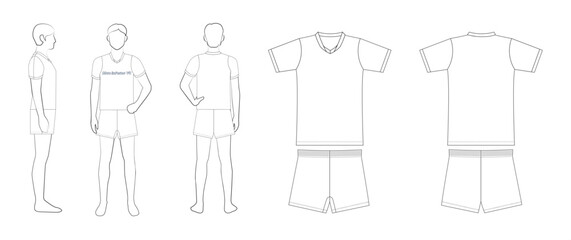 メンズバレーボールユニフォームのテンプレート（Vネック・前・後・横・平面図）
Men's Volleyball Uniform Template – V-Neck, Front, Back, Side & Flat Views