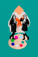 Sketch image 3d pop banner collage of happy schoolgirls classmates stand palette color pain-brush...