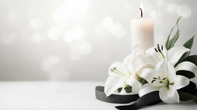 Simple funeral background with candle and white lilies on gray, minimal condolence design