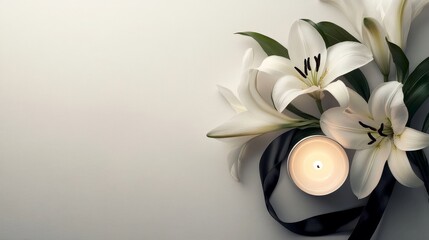 Simple funeral background with candle and white lilies on gray, minimal condolence design