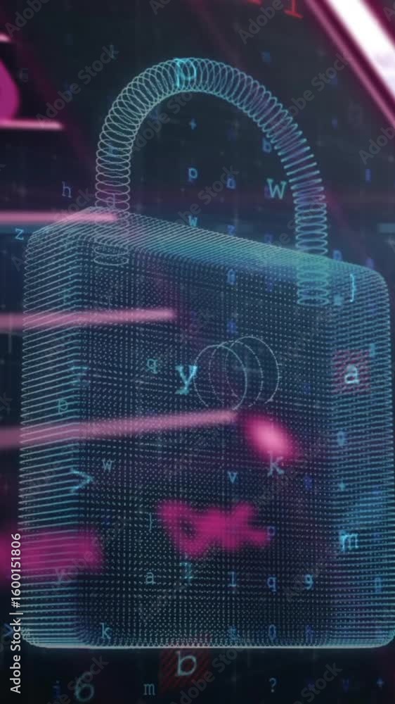 Poster animation of digital data processing over padlock on dark background