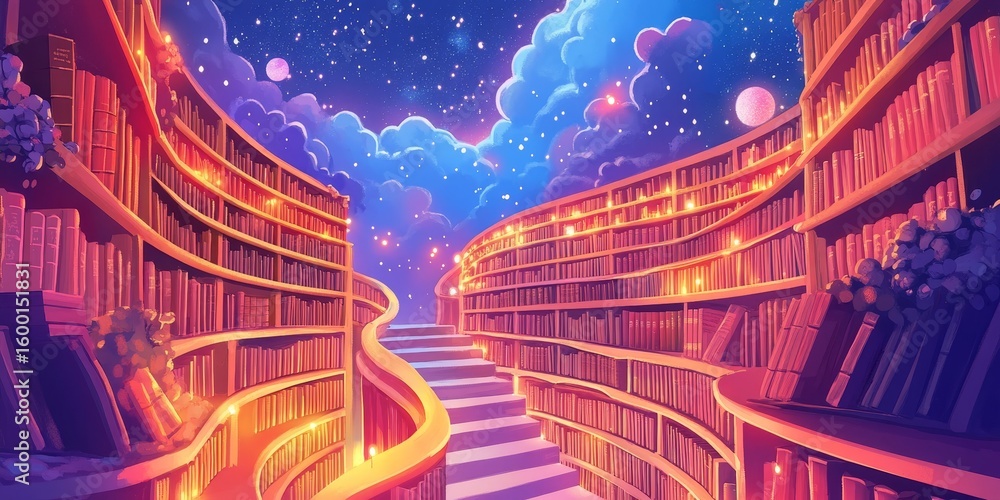 Poster library with a spiral staircase and a large number of books. the books are lit up, creating a warm a