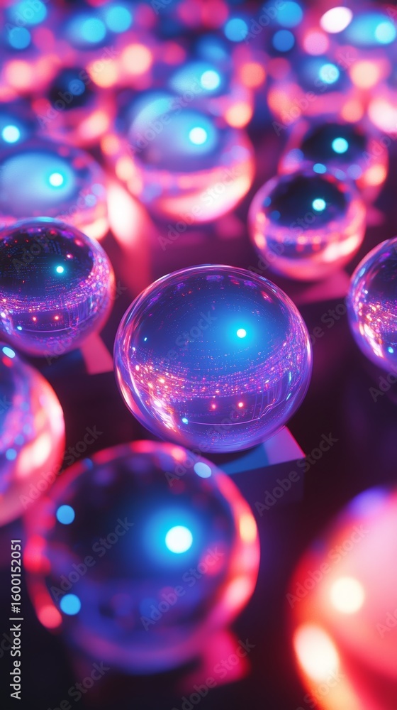 Poster close up of many small, colorful, reflective spheres. the spheres are arranged in a pattern, with so