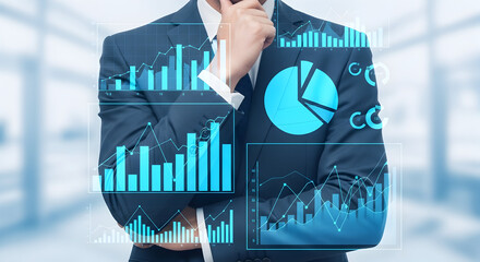 "Confident Businessman Standing with Crossed Arms and Futuristic Business Graphs and Pie Charts Overlay"