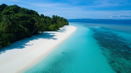 beachfront of a nature island with turquoise water, white sand, and tropical trees