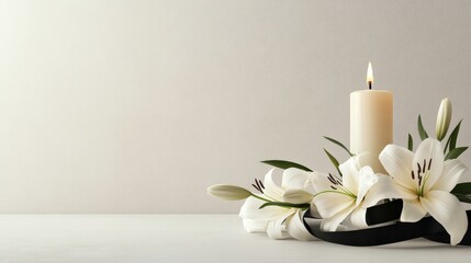 Simple funeral background with candle and white lilies on gray, minimal condolence design © sirirat