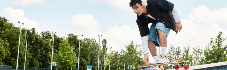 Young man skateboarding in the park enjoying a sunny day filled with music and fun