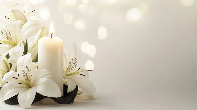 Simple funeral background with candle and white lilies on gray, minimal condolence design