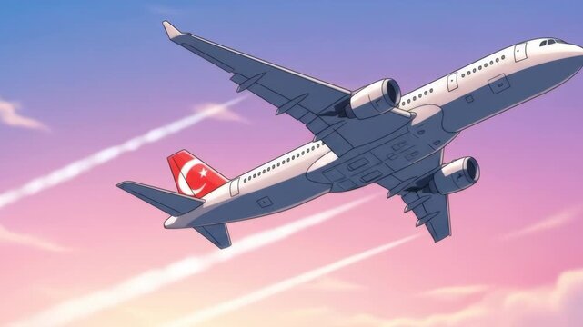 Animated Turkish Airlines Plane Soaring Through Sunset Sky