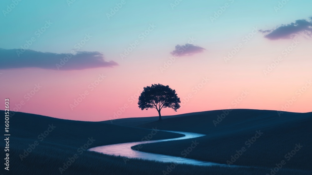 Poster tree is standing in a field with a river running through it. the sky is a beautiful mix of pink and 