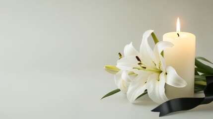 Simple funeral background with candle and white lilies on gray, minimal condolence design