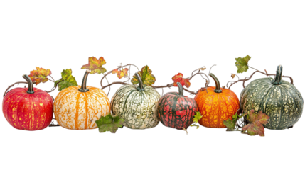 • A group of colorful autumn pumpkins with vines and leaves, isolated on white background in HD
