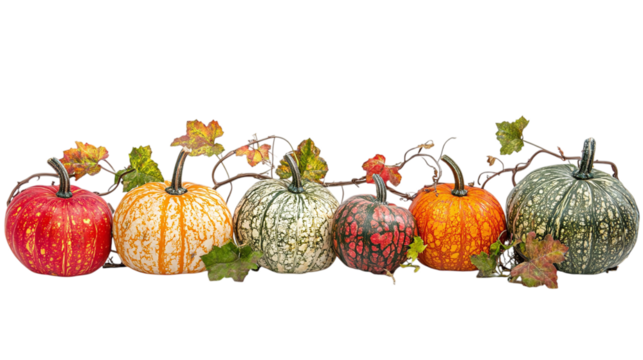 • A group of colorful autumn pumpkins with vines and leaves, isolated on white background in HD 