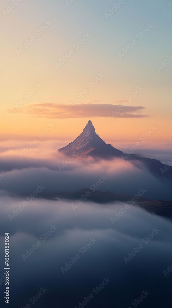 Poster mountain with a cloud on top and a cloudy sky in the background. the mountain is tall and the sky is