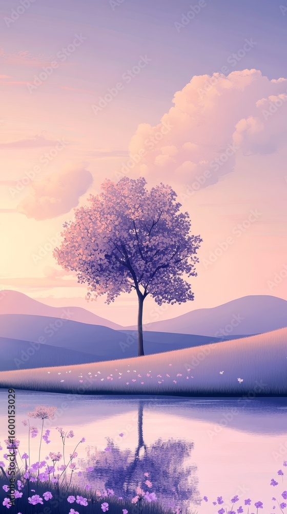 Aufkleber tree stands in a field with a lake in the background. the sky is pink and the sun is setting