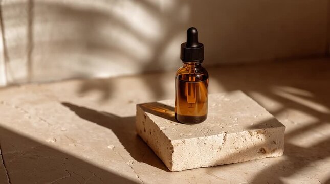 Essential oil bottle on a stone block, shadow patterns creating a natural, spa-like atmosphere, wellness concept
