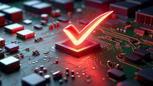 Circuit board check mark technology electronics validation quality assurance test ok