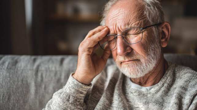 Elderly man with glasses holding head in pain, eyes closed, expressing discomfort or headache while sitting indoors in a soft-lit, home environment.