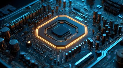 Futuristic Computer Microprocessor with Glowing Orange and Blue Circuitry