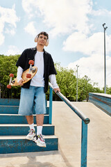 Young man enjoys sunny day at park while showcasing his skateboarding skills on stairs