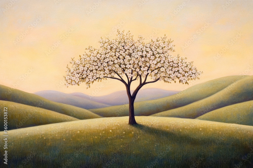 Poster tree is standing in a field with a beautiful view of the mountains in the background. the painting h