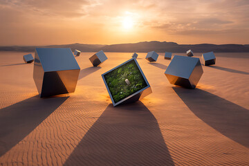 Geometric sculptures in a desert landscape at sunset with a central screen displaying nature