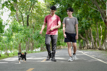 Fototapeta premium Active men walking outdoors in nature green park with chihuahua dog. Gay couple exercising together in the morning. Two young people exercise in countryside is healthy lifestyle. Gay couple and pet.
