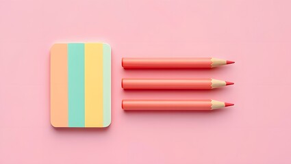 Pastel stationery flat lay pink background with pencils and eraser for design mockups