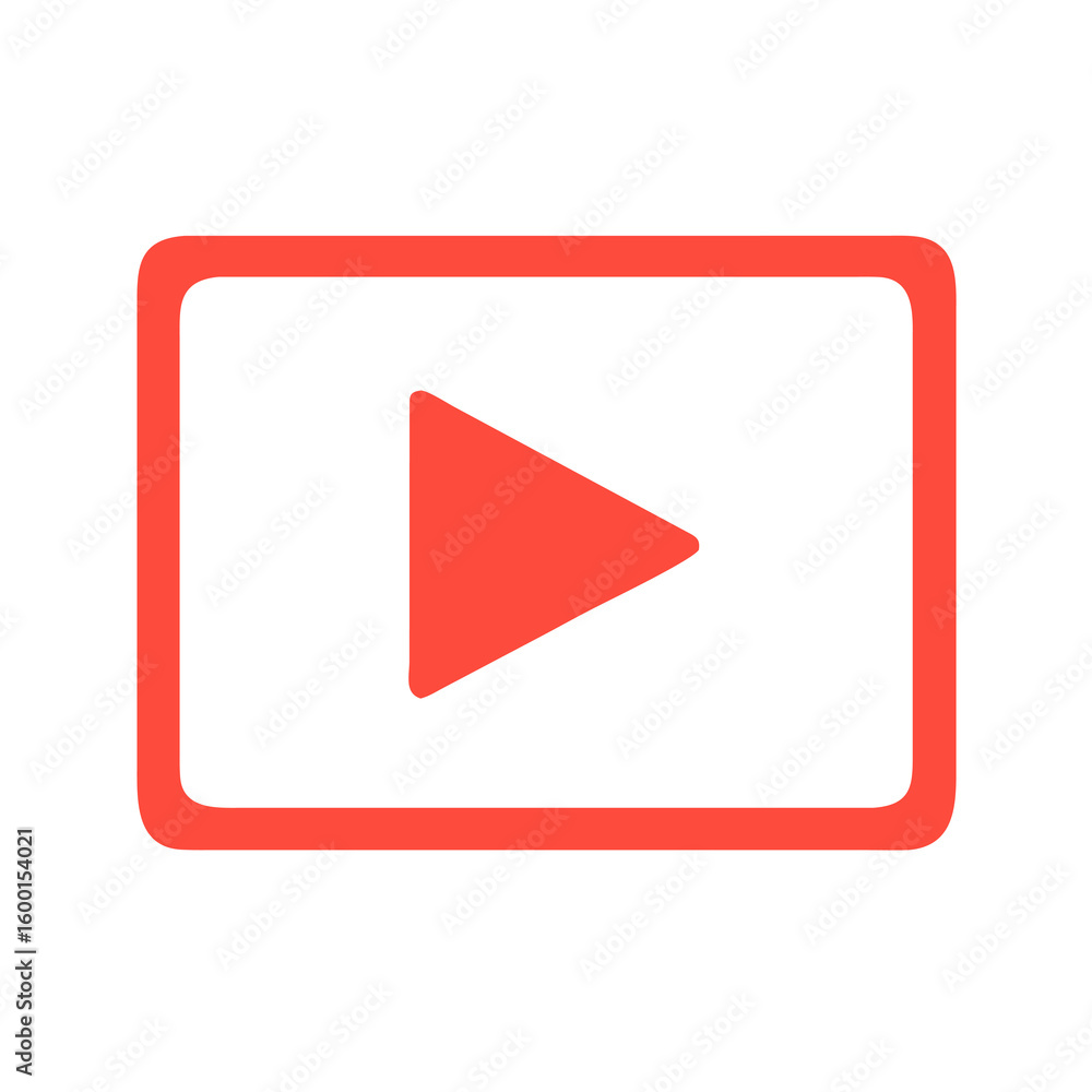 Poster a red play button inside a rounded rectangle frame on a transparent backdrop, ideal for multimedia, 