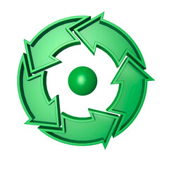 A conceptual 3D rendering of a green circular arrow symbol, illustrating the process of recycling and sustainability.