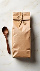 Brown paper bag with wooden spoon mockup for food packaging and product presentation