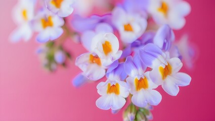 Stock image of blooming nemesia flowers on a pink background for spring concept art