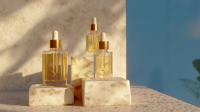 Luxurious golden serums in glass bottles. Beauty elixir for skin. Natural skincare for radiant, healthy glow.