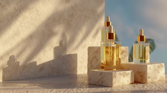 Luxurious golden serums in glass bottles. Beauty elixir for skin. Natural skincare for radiant, healthy glow.