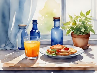 Watercolor breakfast scene with orange juice, toast, and plant in natural sunlight