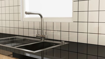 Modern, minimal, luxury brown wooden kitchen cabinet counter with black countertop, double sink with cupboard in sunlight from window on square tile splash back for interior design background 3D
