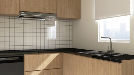 Modern, minimal, luxury L shape brown wooden kitchen cabinet counter with black countertop, sink, induction stove, hood with cupboard in sunlight from window on square tile splash back background 3D