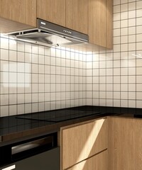 Modern, minimal, luxury L shape brown wooden kitchen cabinet counter with black countertop, sink, induction stove, hood with cupboard in sunlight from window on square tile splash back background 3D