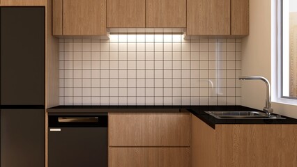 Modern, minimal, luxury L shape brown wooden kitchen cabinet counter with black countertop, sink, induction stove, hood with cupboard in sunlight from window on square tile splash back background 3D