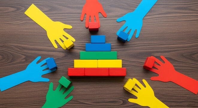 "Multicultural Team Building Colorful Pyramid Blocks Demonstrating Teamwork and Collaboration"